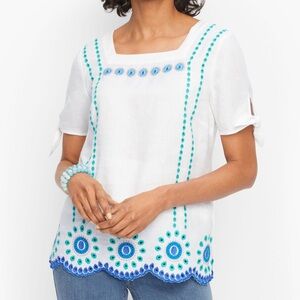 Talbots White Top with Blue and Pink Embroidery Linen & Cotton Size Large